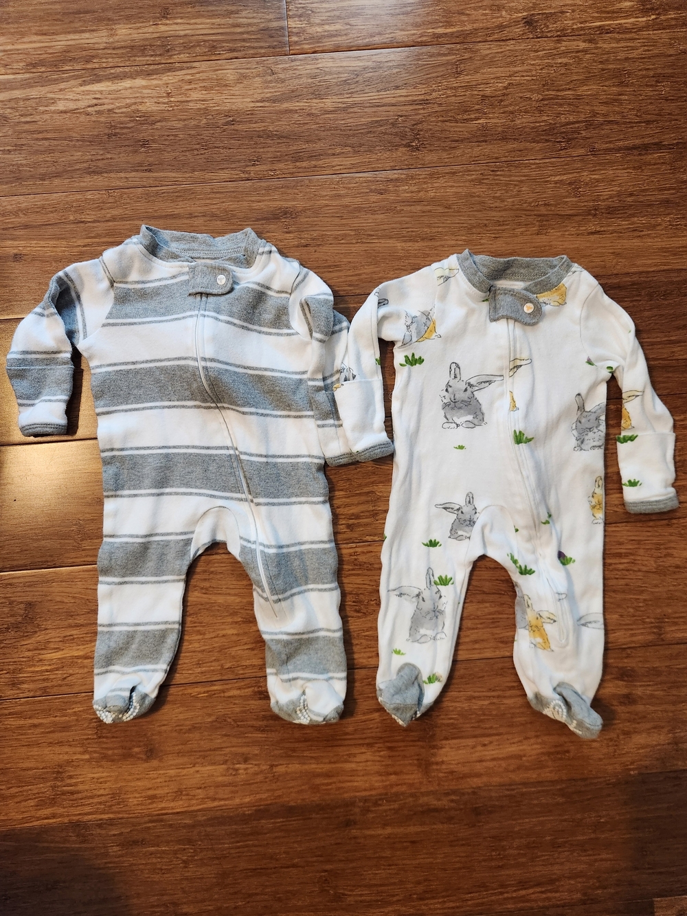Burt's Bees Set Of 2 Baby Gray Striped Bunny Print Footed One-Pieces, Newborn